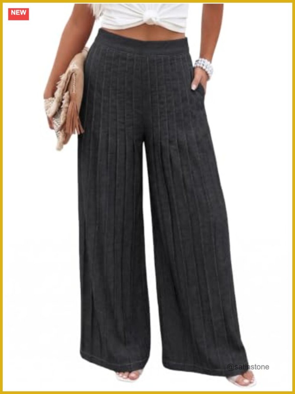 Women Wide Leg Denim Effect Pleated Trousers with Pockets